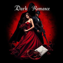 A dark romance book cover showcasing a captivating woman and a mysterious man, with a shadowy figure stalking them from the background