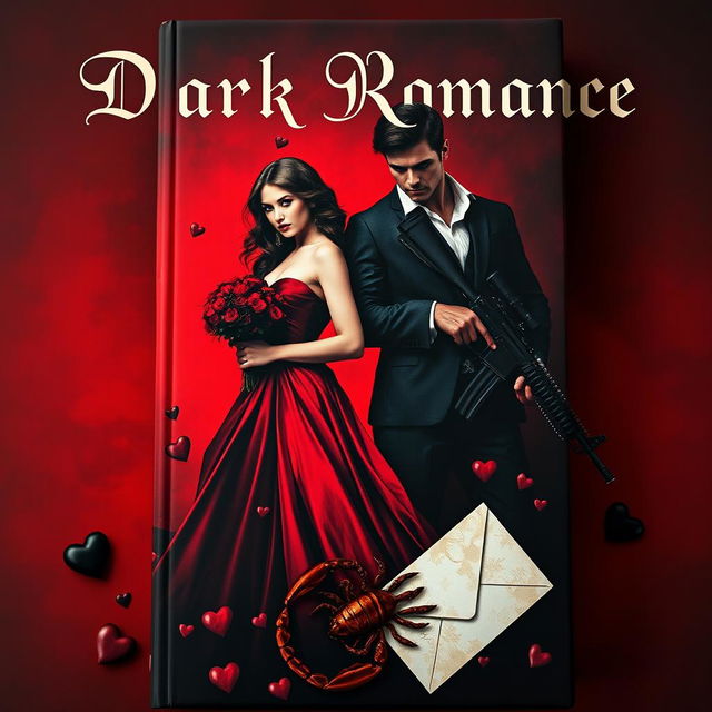 A dark romance book cover showcasing a captivating woman and a mysterious man, with a shadowy figure stalking them from the background