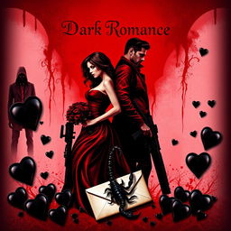A dark romance book cover showcasing a captivating woman and a mysterious man, with a shadowy figure stalking them from the background