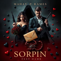 A very dark mafia romance book cover that captures an intense atmosphere featuring a captivating woman and a rugged man, with a shadowy figure lurking ominously behind them