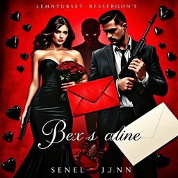 A very dark mafia romance book cover that captures an intense atmosphere featuring a captivating woman and a rugged man, with a shadowy figure lurking ominously behind them