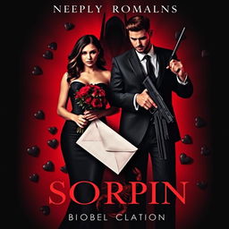 A very dark mafia romance book cover that captures an intense atmosphere featuring a captivating woman and a rugged man, with a shadowy figure lurking ominously behind them