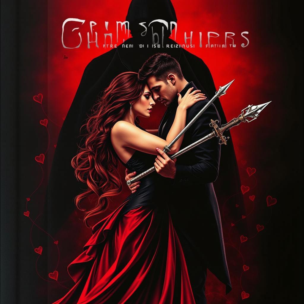 A captivating romance book cover titled 'Crimson Whispers: A Tale of Obsession and Revenge' featuring a striking couple in an intimate embrace