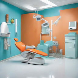 A vibrant dental unit featuring an orange dental chair, white floor, and light blue walls. The unit radiates positivity and energy, balances professional requirements with a playful color scheme, and is equipped with state-of-the-art dental equipment.