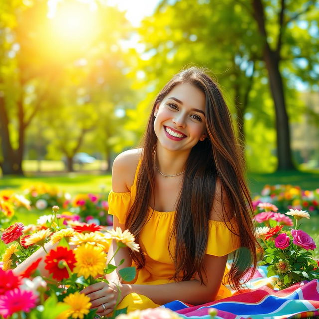 A vibrant scene of a cheerful young woman with long, flowing brunette hair, sitting on a colorful blanket in a sunny park, wearing a bright yellow summer dress