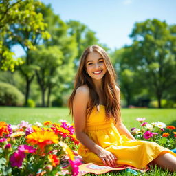 A vibrant scene of a cheerful young woman with long, flowing brunette hair, sitting on a colorful blanket in a sunny park, wearing a bright yellow summer dress