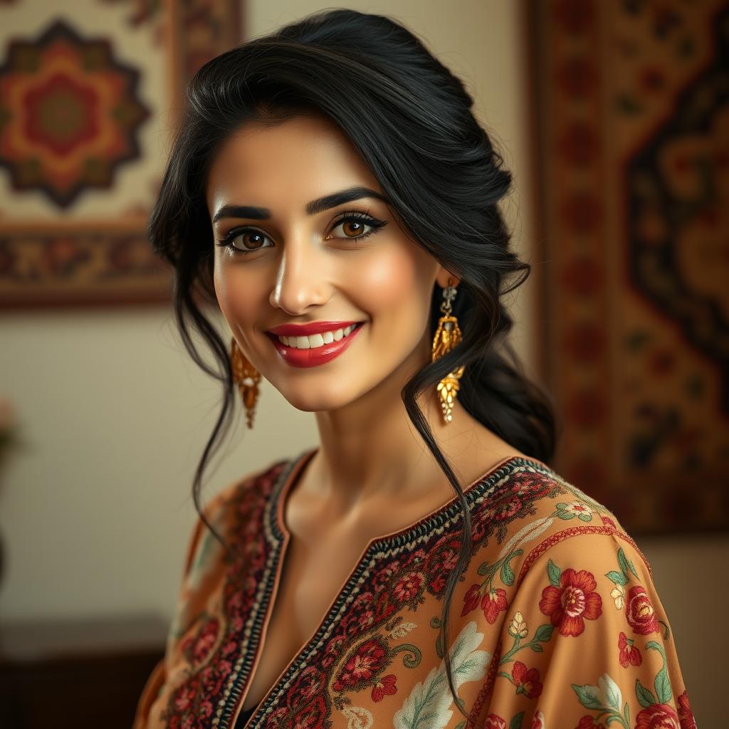 A stunning portrait of a beautiful Persian woman, inspired by Mahnaz Afshar, showcasing her captivating features, dark hair styled elegantly, and expressive eyes