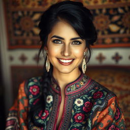 A stunning portrait of a beautiful Persian woman, inspired by Mahnaz Afshar, showcasing her captivating features, dark hair styled elegantly, and expressive eyes