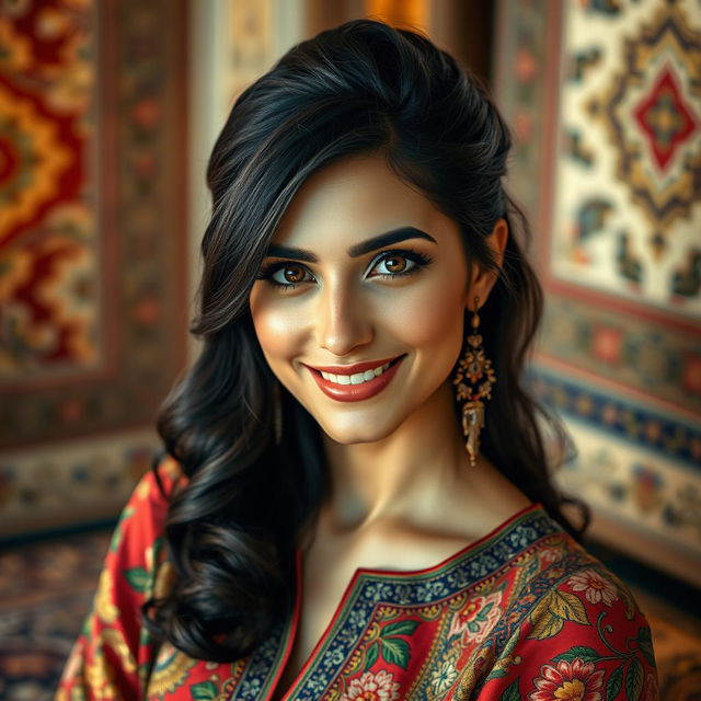 A stunning portrait of a beautiful Persian woman, inspired by Mahnaz Afshar, showcasing her captivating features, dark hair styled elegantly, and expressive eyes