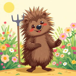 A whimsical illustration of a porcupine standing upright, confidently holding a hoe in one of its paws