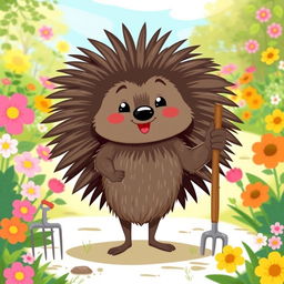 A whimsical illustration of a porcupine standing upright, confidently holding a hoe in one of its paws