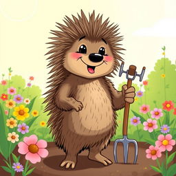 A whimsical illustration of a porcupine standing upright, confidently holding a hoe in one of its paws