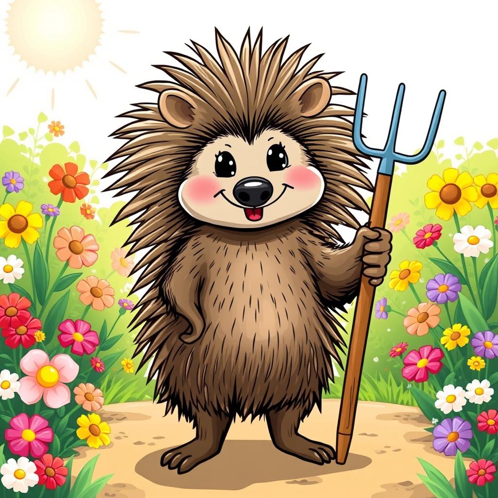 A whimsical illustration of a porcupine standing upright, confidently holding a hoe in one of its paws