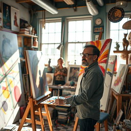 A portrait of Hamid Farrokhnezhad, an Iranian artist and scientist, depicted in a vibrant and colorful studio filled with art supplies