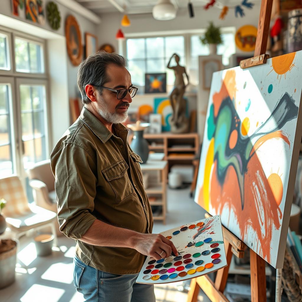 A portrait of Hamid Farrokhnezhad, an Iranian artist and scientist, depicted in a vibrant and colorful studio filled with art supplies