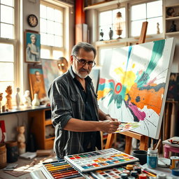 A portrait of Hamid Farrokhnezhad, an Iranian artist and scientist, depicted in a vibrant and colorful studio filled with art supplies