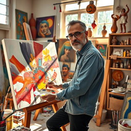 A portrait of Hamid Farrokhnezhad, an Iranian artist and scientist, depicted in a vibrant and colorful studio filled with art supplies