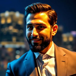 A portrait of a man named Ali Karimi, showcasing him as a charismatic and confident figure