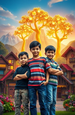 Three brothers standing proudly in front of a vibrant, colorful village with charming houses, flowers blooming in various hues, and intricate designs