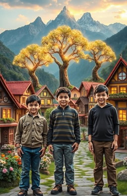 Three brothers standing proudly in front of a vibrant, colorful village with charming houses, flowers blooming in various hues, and intricate designs