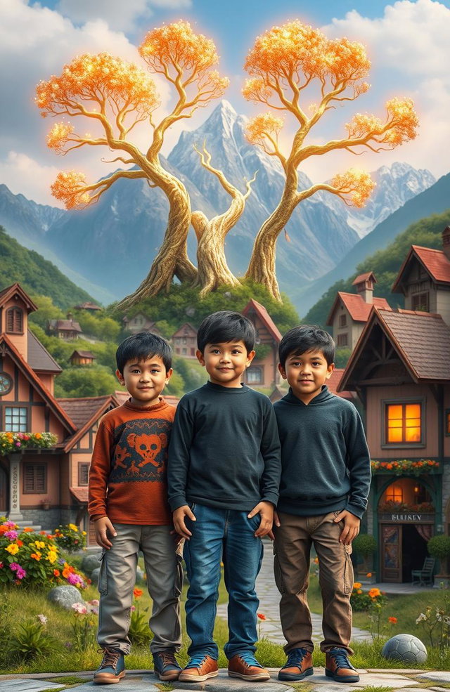 Three brothers standing proudly in front of a vibrant, colorful village with charming houses, flowers blooming in various hues, and intricate designs