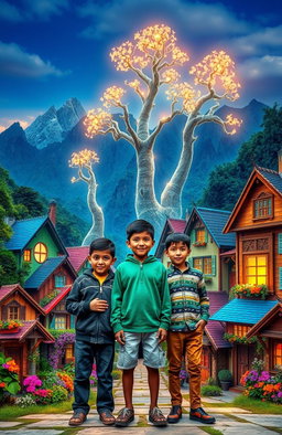 Three brothers standing proudly in front of a vibrant, colorful village with charming houses, flowers blooming in various hues, and intricate designs