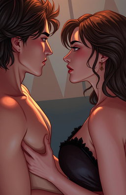 A captivating scene that explores deep, hidden desires and self-revelation through physical connection, emphasizing the intertwining of sexual attraction and emotional depth