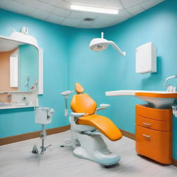 A vibrant dental unit featuring an orange dental chair, white floor, and light blue walls. The unit radiates positivity and energy, balances professional requirements with a playful color scheme, and is equipped with state-of-the-art dental equipment.