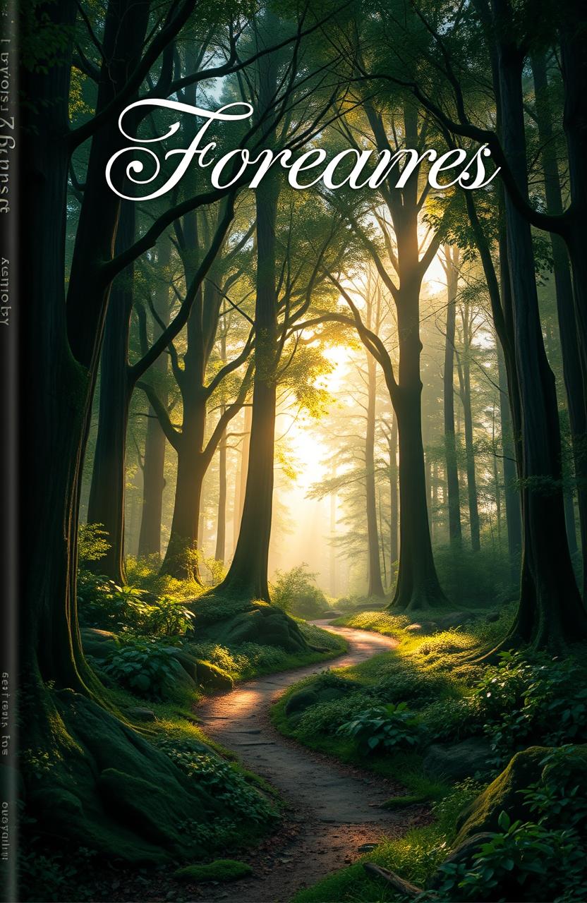 A visually captivating book cover design, featuring an enchanting forest landscape with tall, ancient trees and dappled sunlight filtering through the leaves
