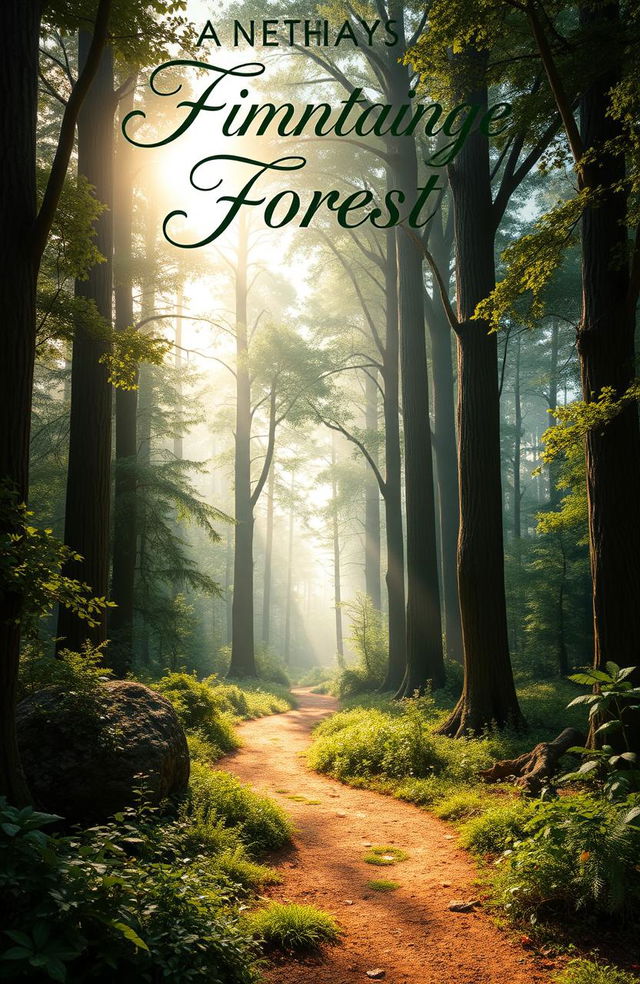 A visually captivating book cover design, featuring an enchanting forest landscape with tall, ancient trees and dappled sunlight filtering through the leaves