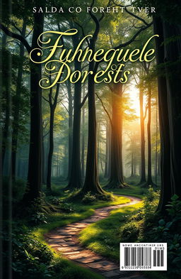 A visually captivating book cover design, featuring an enchanting forest landscape with tall, ancient trees and dappled sunlight filtering through the leaves