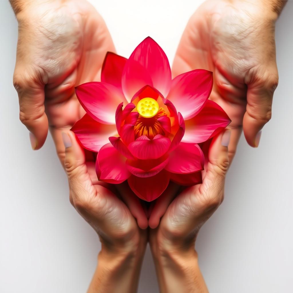 A pair of human hands gently cupping a vibrant red lotus flower, showcasing its delicate petals and a glowing center