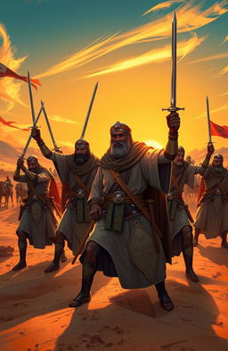 A dramatic illustration showcasing the bravery of the Sahabas during historical battles, set in an ancient desert landscape
