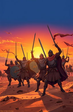 A dramatic illustration showcasing the bravery of the Sahabas during historical battles, set in an ancient desert landscape