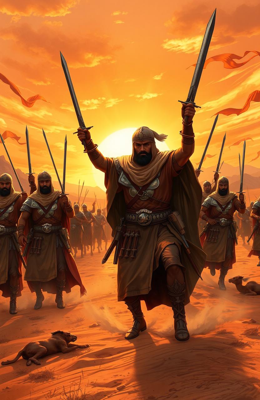 A dramatic illustration showcasing the bravery of the Sahabas during historical battles, set in an ancient desert landscape