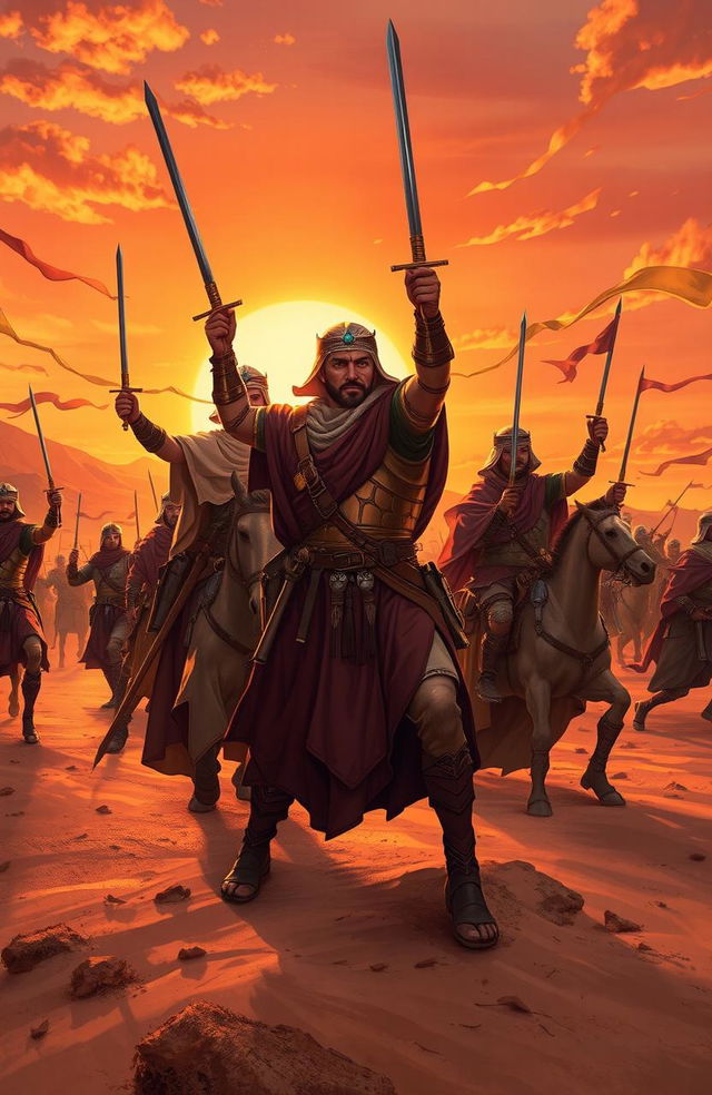 A dramatic illustration showcasing the bravery of the Sahabas during historical battles, set in an ancient desert landscape