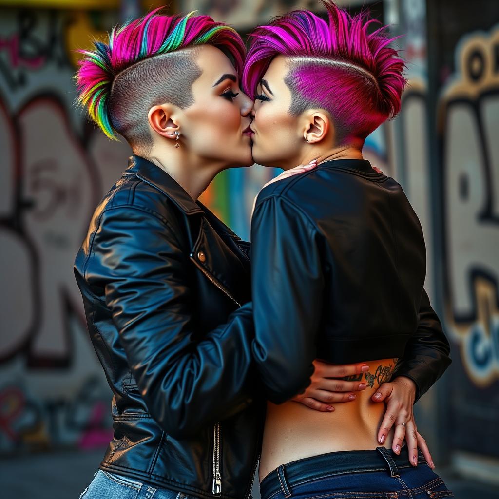 Two beautiful Caucasian lesbian women with vibrant rainbow asymmetrical undercuts, passionately kissing each other
