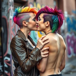 Two beautiful Caucasian lesbian women with vibrant rainbow asymmetrical undercuts, passionately kissing each other