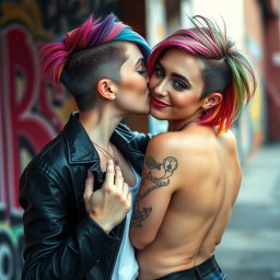 Two beautiful Caucasian lesbian women with vibrant rainbow asymmetrical undercuts, passionately kissing each other