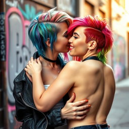 Two beautiful Caucasian lesbian women with vibrant rainbow asymmetrical undercuts, passionately kissing each other