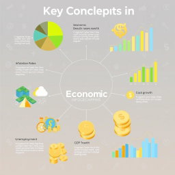A visually engaging infographic representing key concepts in economics, featuring a vibrant pie chart, bar graphs, and illustrations of economic indicators such as inflation rates, unemployment rates, and GDP growth