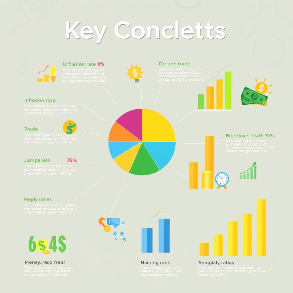 A visually engaging infographic representing key concepts in economics, featuring a vibrant pie chart, bar graphs, and illustrations of economic indicators such as inflation rates, unemployment rates, and GDP growth