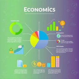 A visually engaging infographic representing key concepts in economics, featuring a vibrant pie chart, bar graphs, and illustrations of economic indicators such as inflation rates, unemployment rates, and GDP growth
