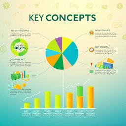 A visually engaging infographic representing key concepts in economics, featuring a vibrant pie chart, bar graphs, and illustrations of economic indicators such as inflation rates, unemployment rates, and GDP growth