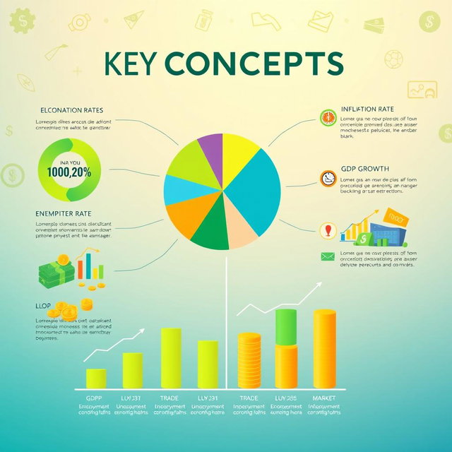 A visually engaging infographic representing key concepts in economics, featuring a vibrant pie chart, bar graphs, and illustrations of economic indicators such as inflation rates, unemployment rates, and GDP growth