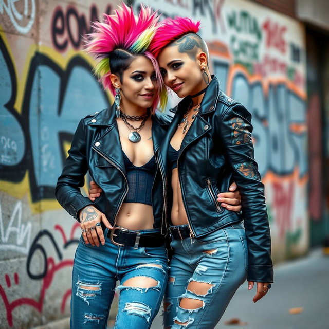A vibrant punk lesbian couple in an urban setting, showcasing bold fashion choices such as leather jackets, ripped jeans, and colorful hair