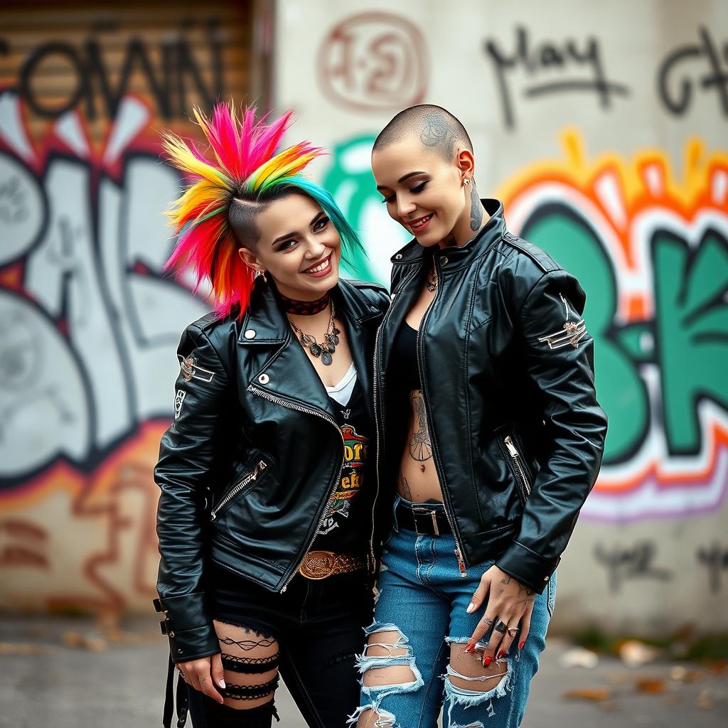 A vibrant punk lesbian couple in an urban setting, showcasing bold fashion choices such as leather jackets, ripped jeans, and colorful hair