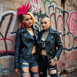 A vibrant punk lesbian couple in an urban setting, showcasing bold fashion choices such as leather jackets, ripped jeans, and colorful hair