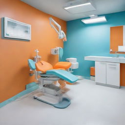 A vibrant dental unit featuring an orange dental chair, white floor, and light blue walls. The unit radiates positivity and energy, balances professional requirements with a playful color scheme, and is equipped with state-of-the-art dental equipment.