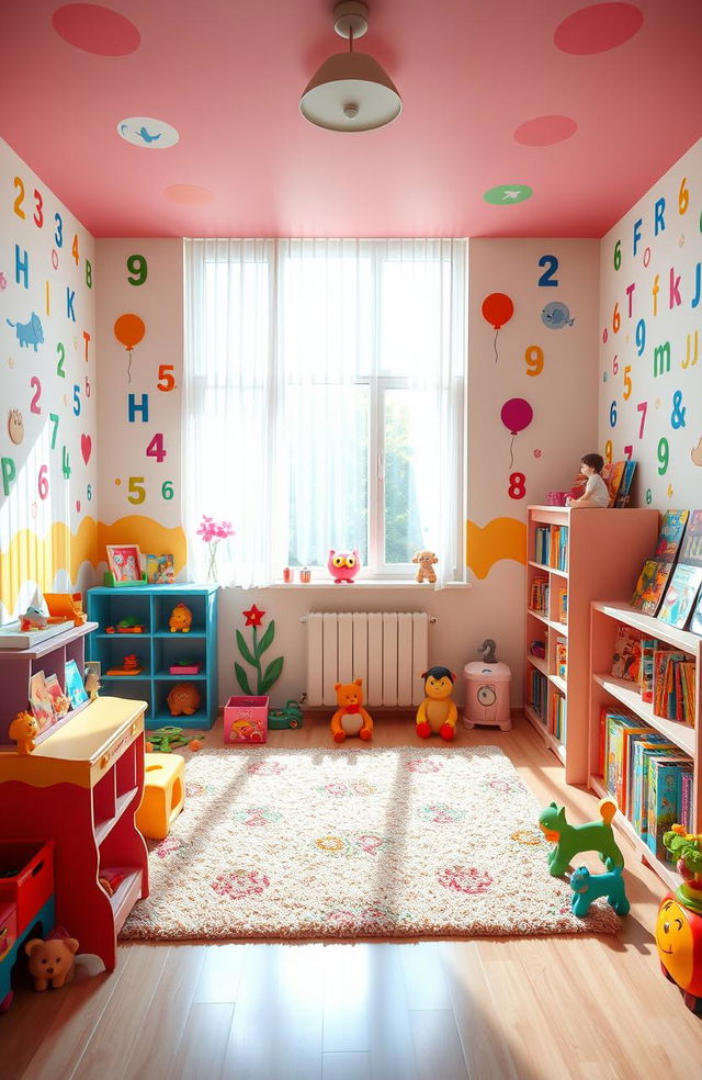 A vibrant and colorful nursery decorated with various Hindi alphabets and numbers, designed for young children